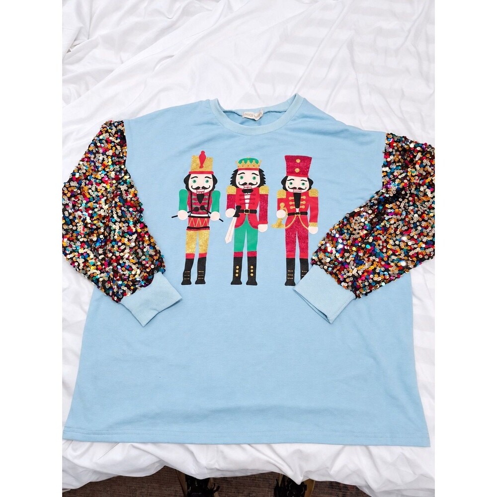 Grace & Emma XL Blue Nutcracker Christmas Sweatshirt Multicolor Sequin Sleeves